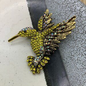 Hummingbird Yellow Gold Tone Rhinestone Brooch Pin
